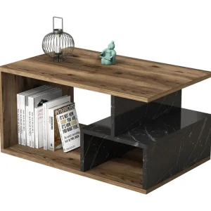 Säker betalning Soffbord Garavelo Soffbord 90 cm med Förvaring Hyllor Marmormönster Svart,Trä/Natur,Mörkbrun - Möbler