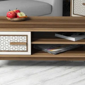 Hovdane Soffbord 105 cm m Förvaring 2 Hyllor+Skåp Diamantmön Brun/Vit - Möbler Erbjudande
