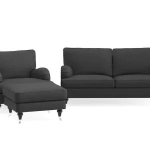 Snabb leverans Bloomington Howard Classic Soffgrupp 2-sits Soffa + Fåtölj + Fotpall i Tyg Mörkgrå - Möbler