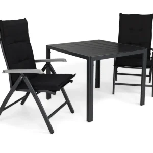 Beställ nu Comfort Garden Tunis Matgrupp Utomhus 90x90 + 2 Monaco Lyx Positionsstol m Dyna Svart/Grå - Utemöbler & utemiljö