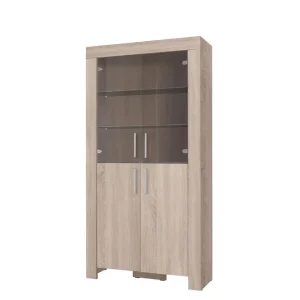 Handla nu Cezar Vitrinskåp Vit LED Belysning 43 cm djup 100 cm bred 201 cm hög Ljust Trä Ek Glas Beige/Grå - Förvaring