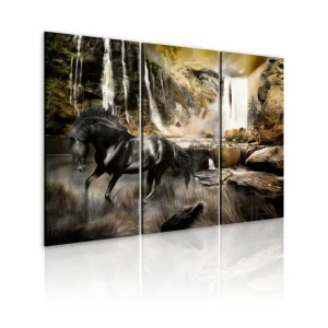 Utförsäljning Tavla Black Horse And Rocky Waterfall 120x80 - Inredning & dekor