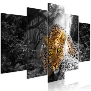 Snabb leverans Tavla Leopard Lying 5 Parts Wide Grey 100x50 - Inredning & dekor