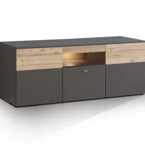 Extra rabatt Lianne TV-bänk 150 cm 2 Dörrar Låda inkl Belysning Plank Ek/Grå - Möbler