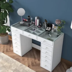 Ramender Sminkbord med förvaring Bordsskiva Glas 120 cm Vit - Möbler Endast denna vecka