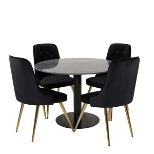 Köp nu Venture Home Estelle Matgrupp 106 cm Rund med 4 Velvet Deluxe stolar Svart/Guld - Möbler