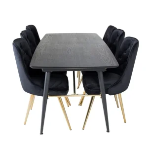 Sista chansen Venture Home Gold Matgrupp Förlängningsbar 180-220 cm Rektangulär med 6 Velvet Deluxe stolar Svart/Guld - Möbler